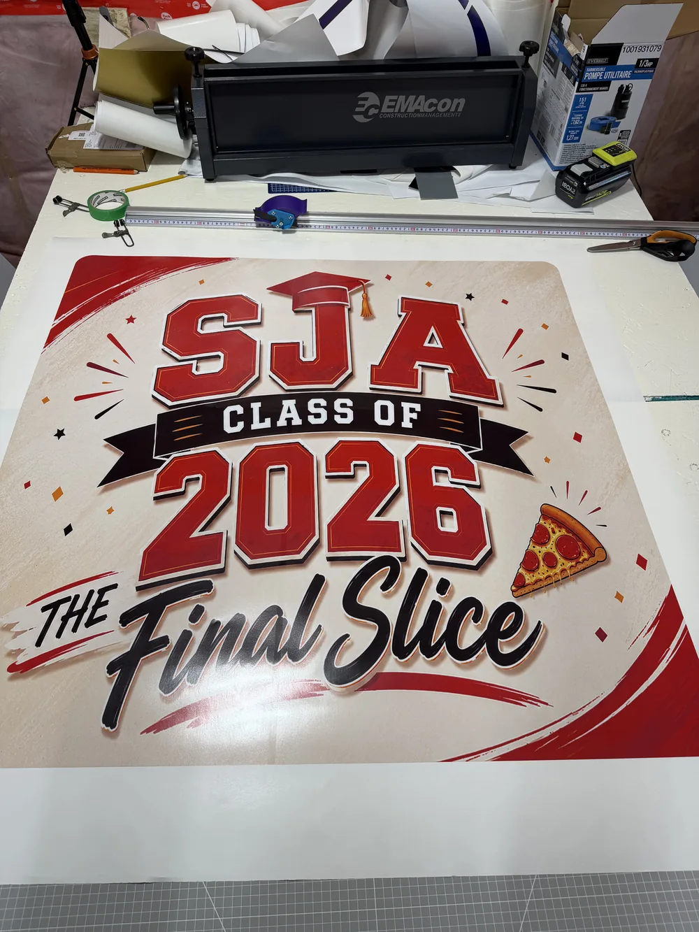SJA Class of 2026 graduation sign with The Final Slice lettering